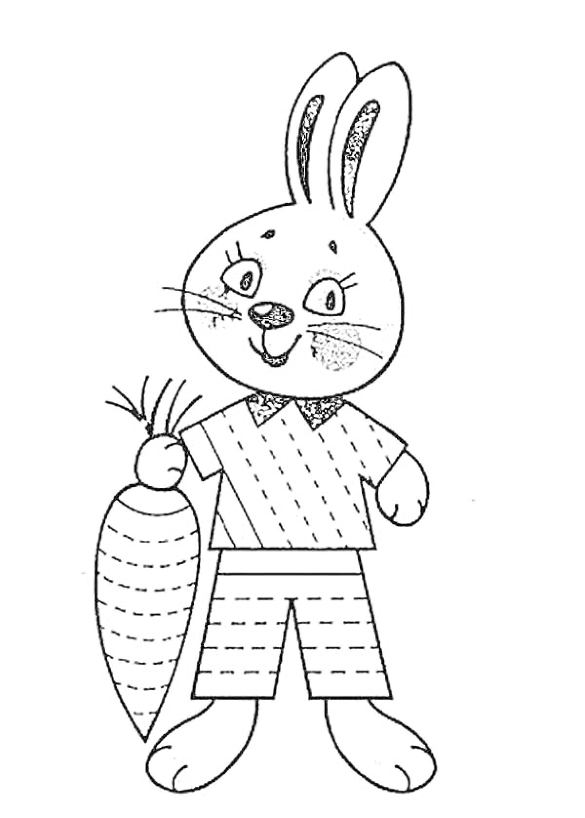 Заяц с морковкой в полосатой одежде