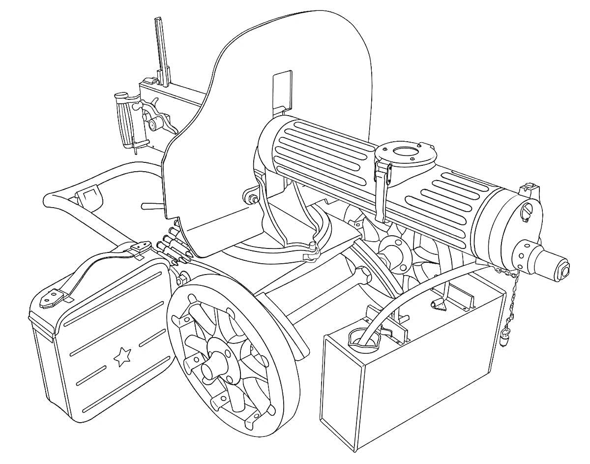 Раскраска Пулемет с колесами и коробками для боеприпасов