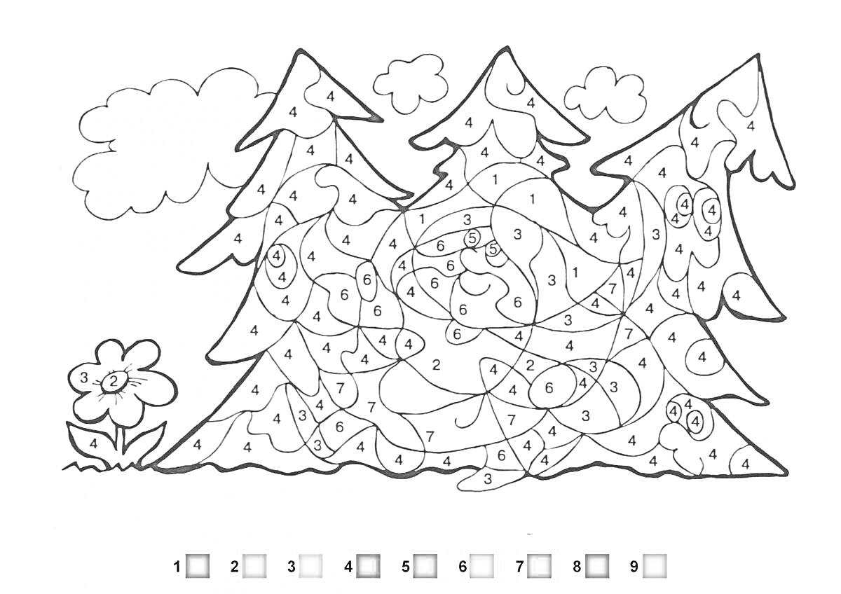 Раскраска Раскраска по номерам с деревьями, облаками и цветком
