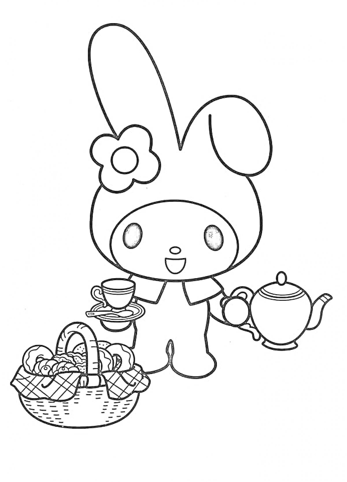 Раскраска Май Мелоди с чайником, чашкой и корзиной