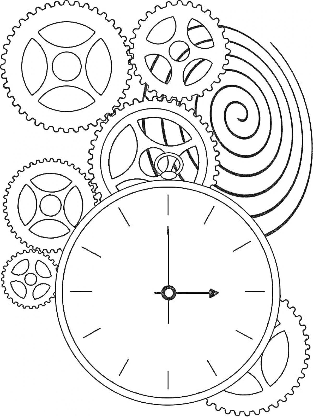 На раскраске изображено: Часы, Шестеренки, Механизмы, Циферблат, Стрелки, Спиральные узоры, Круги