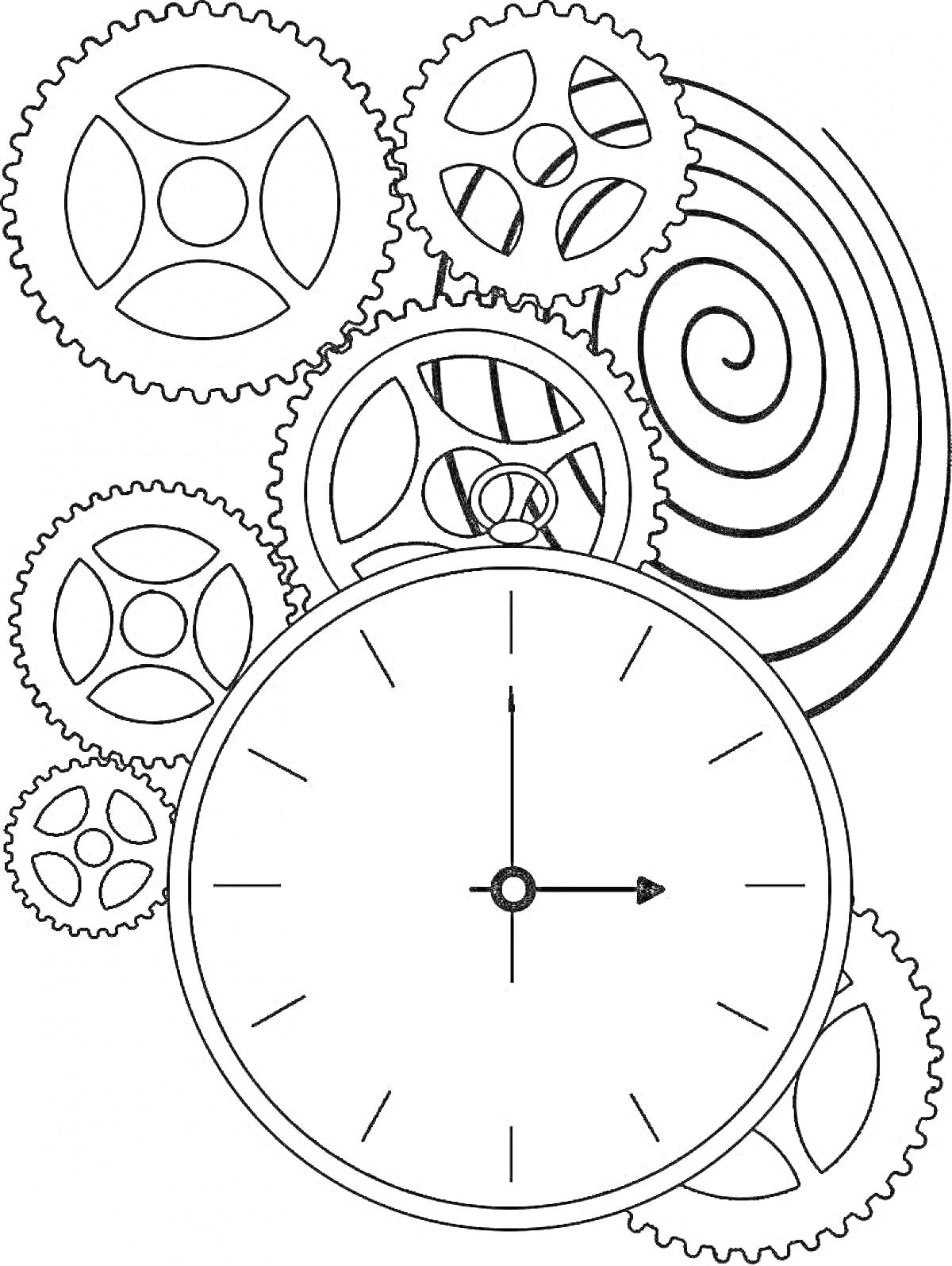 Раскраска Часы с шестерёнками и спиральными узорами
