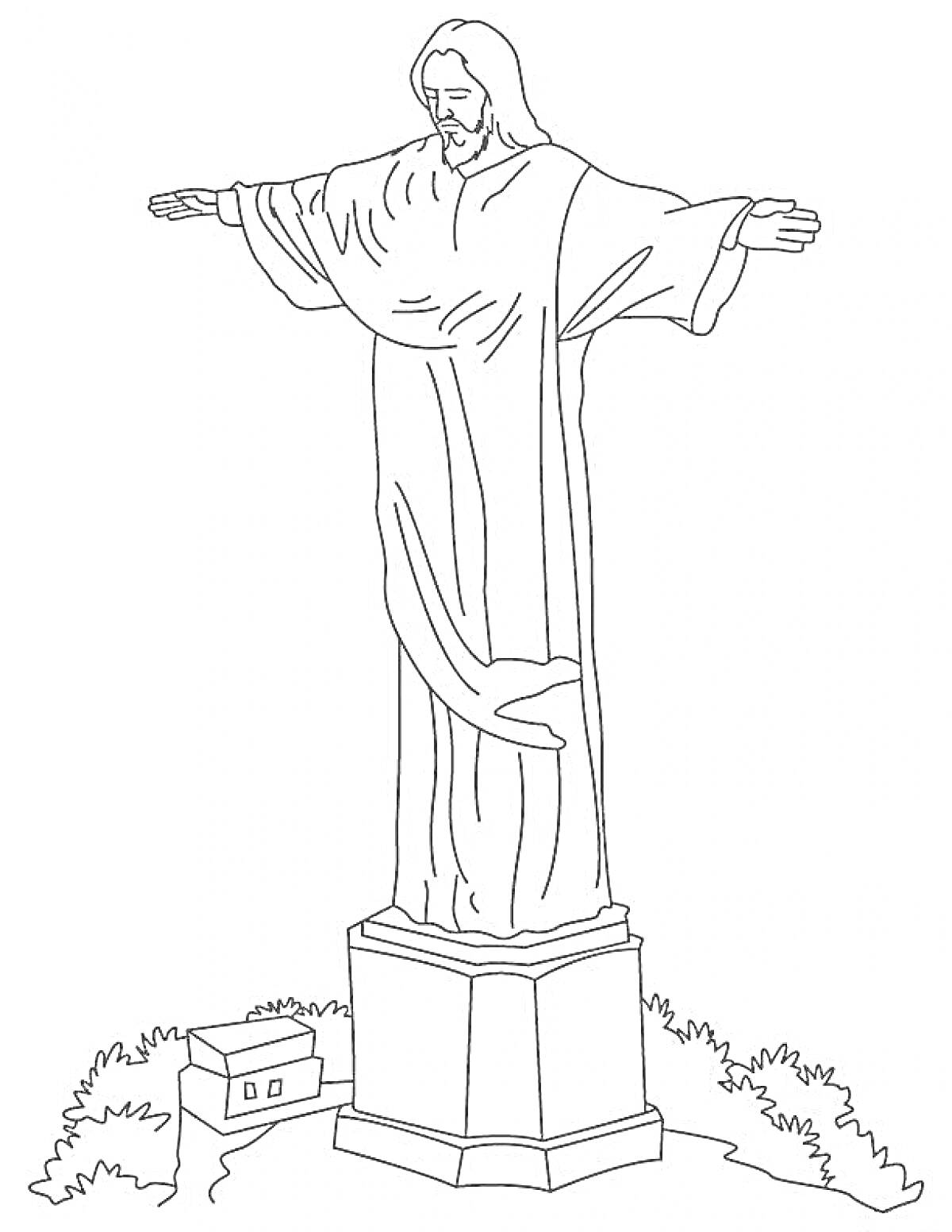 На раскраске изображено: Статуя, Человек, Распростертые руки, Постамент, Домик, Кусты