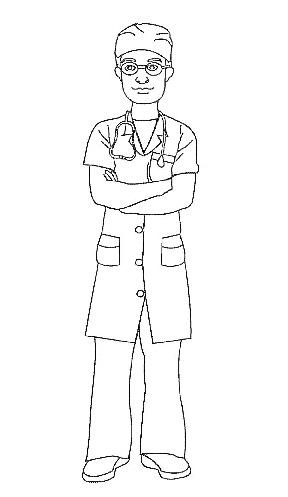 Раскраска Доктор в медицинской форме с очками, верхней шапочкой и стетоскопом на шее