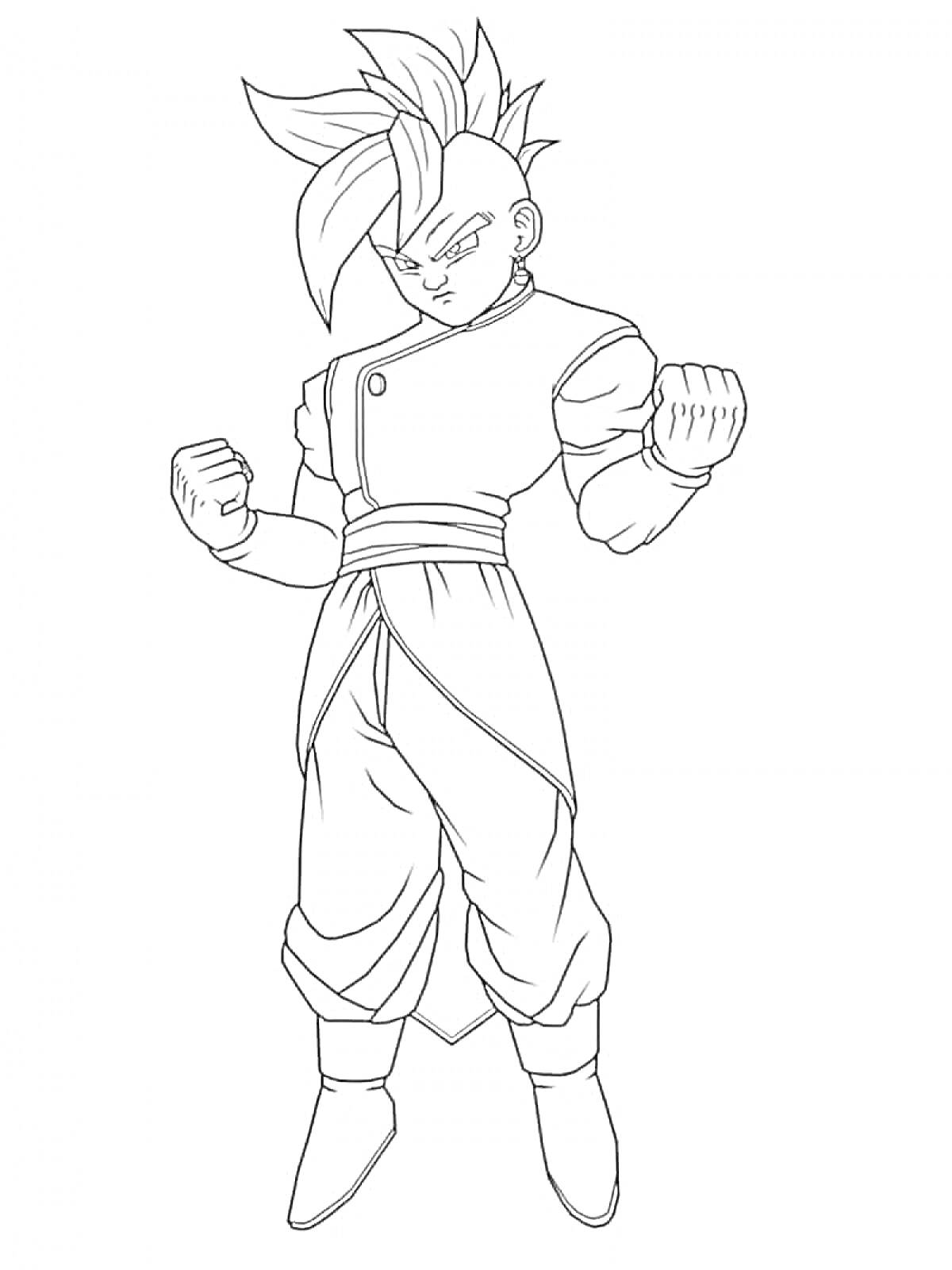 Раскраска Персонаж с поднятыми кулаками в одежде Саян из Dragon Ball