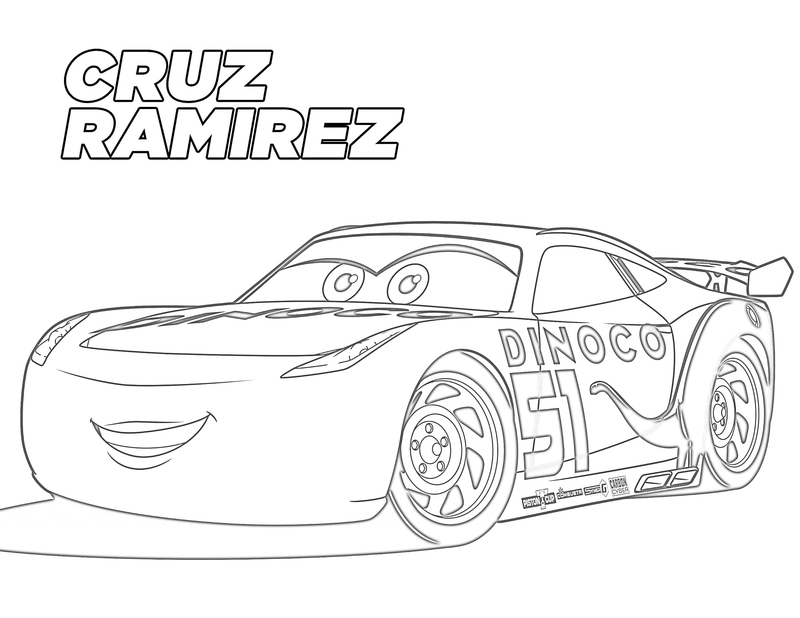 Раскраска Машина с глазами Cruz Ramirez, номер 51, надпись Dinoco