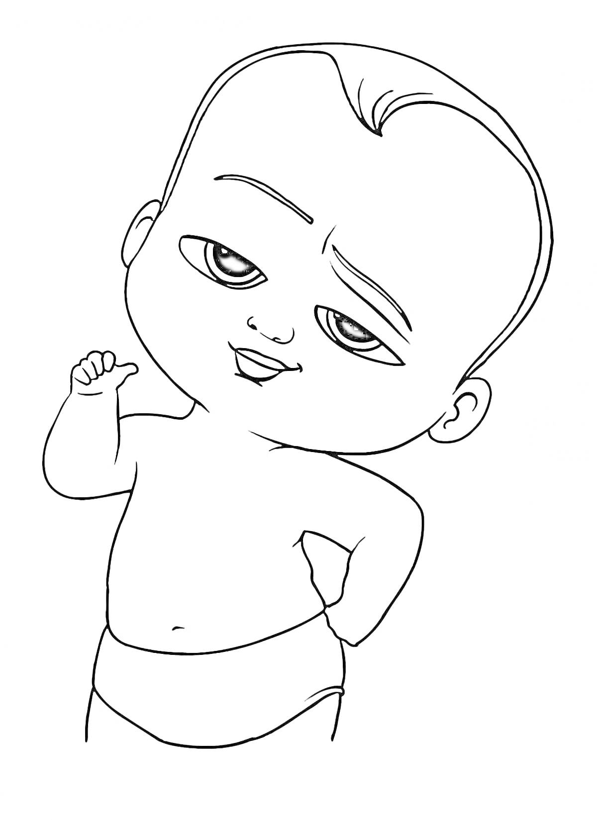 Раскраска Малыш в подгузнике с выражением лица и поднятой рукой
