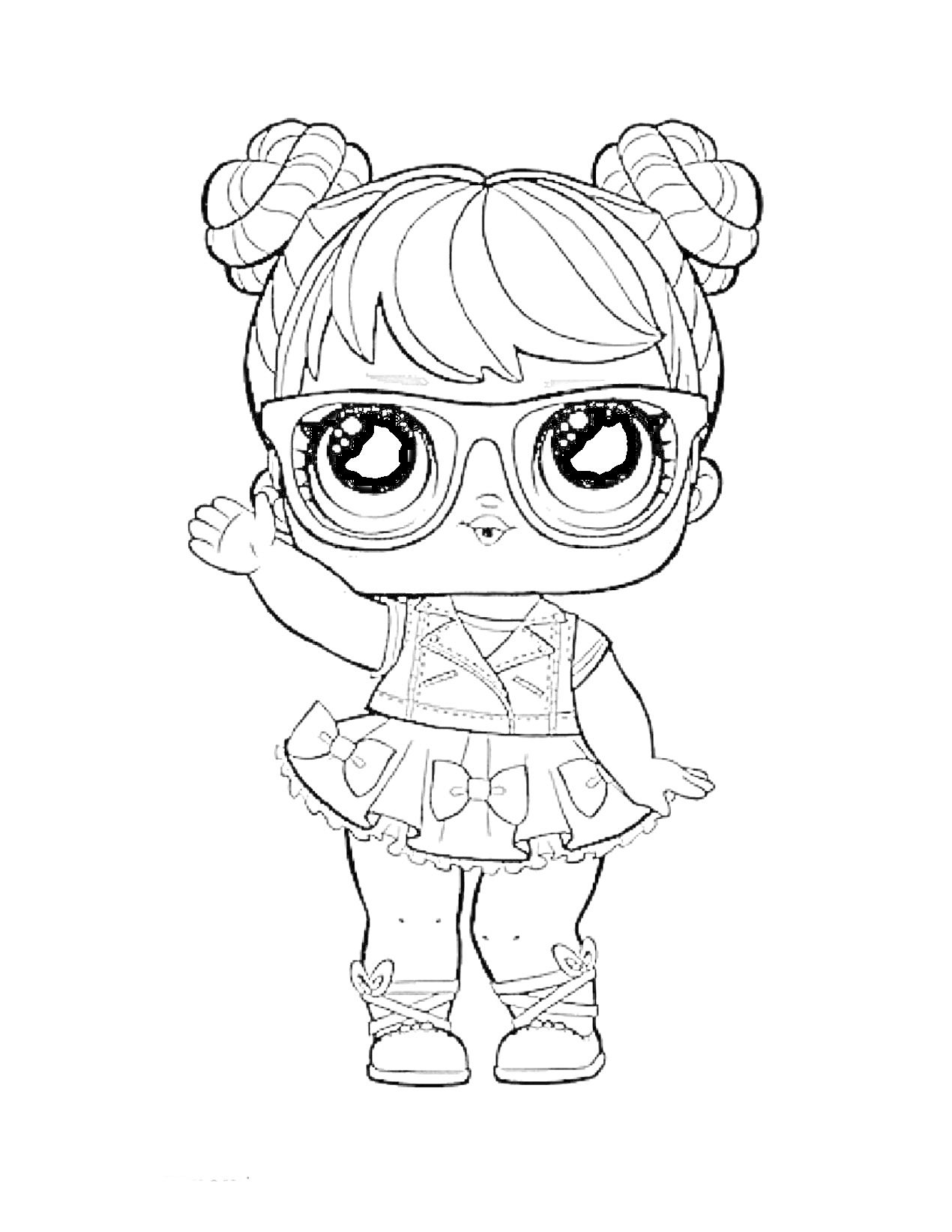 Раскраска Кукла Лол в очках с двумя пучками на голове, в платье с рюшами и бантиками, в босоножках