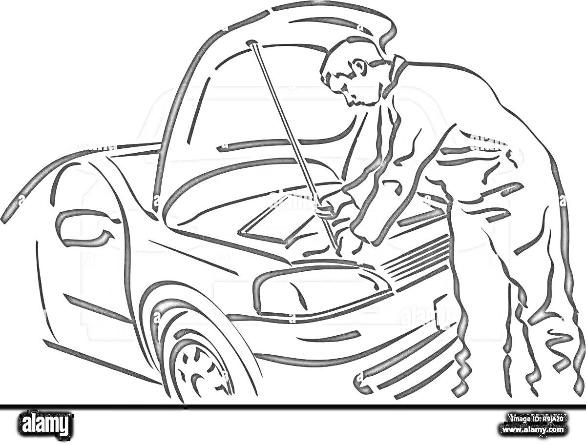 Раскраска Автомеханик, работающий под капотом автомобиля