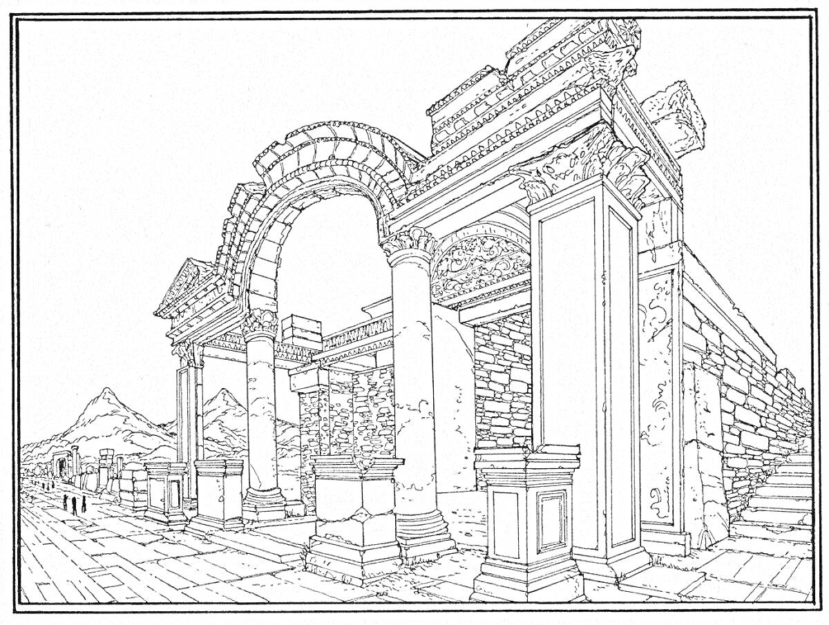 Раскраска Древний архитектурный ансамбль с арочным входом, колоннами, фронтоном, горным ландшафтом на заднем плане и дорожкой
