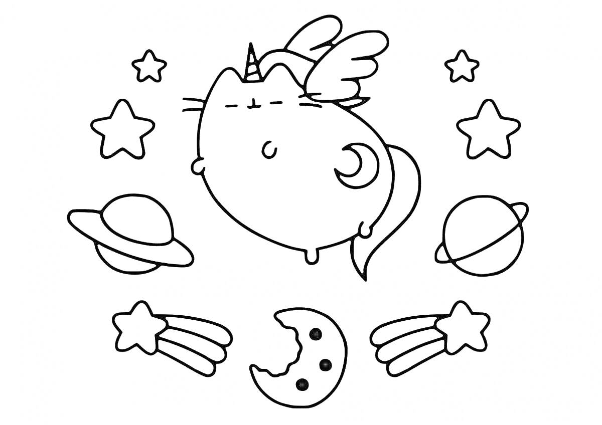 На раскраске изображено: Луна, Планеты, Звезды, Космос, Для детей, Комета, Единороги, Кот, Крылья