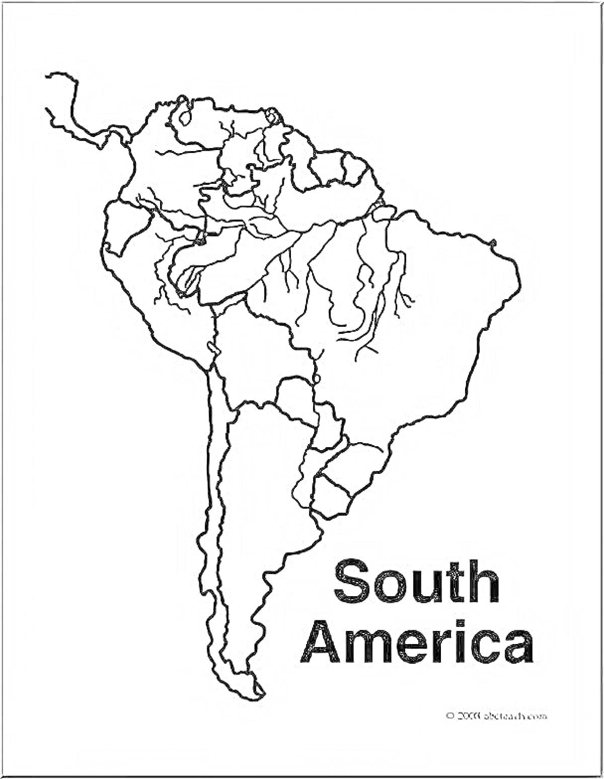 На раскраске изображено: Южная Америка, Карта, Границы стран, География, Текст