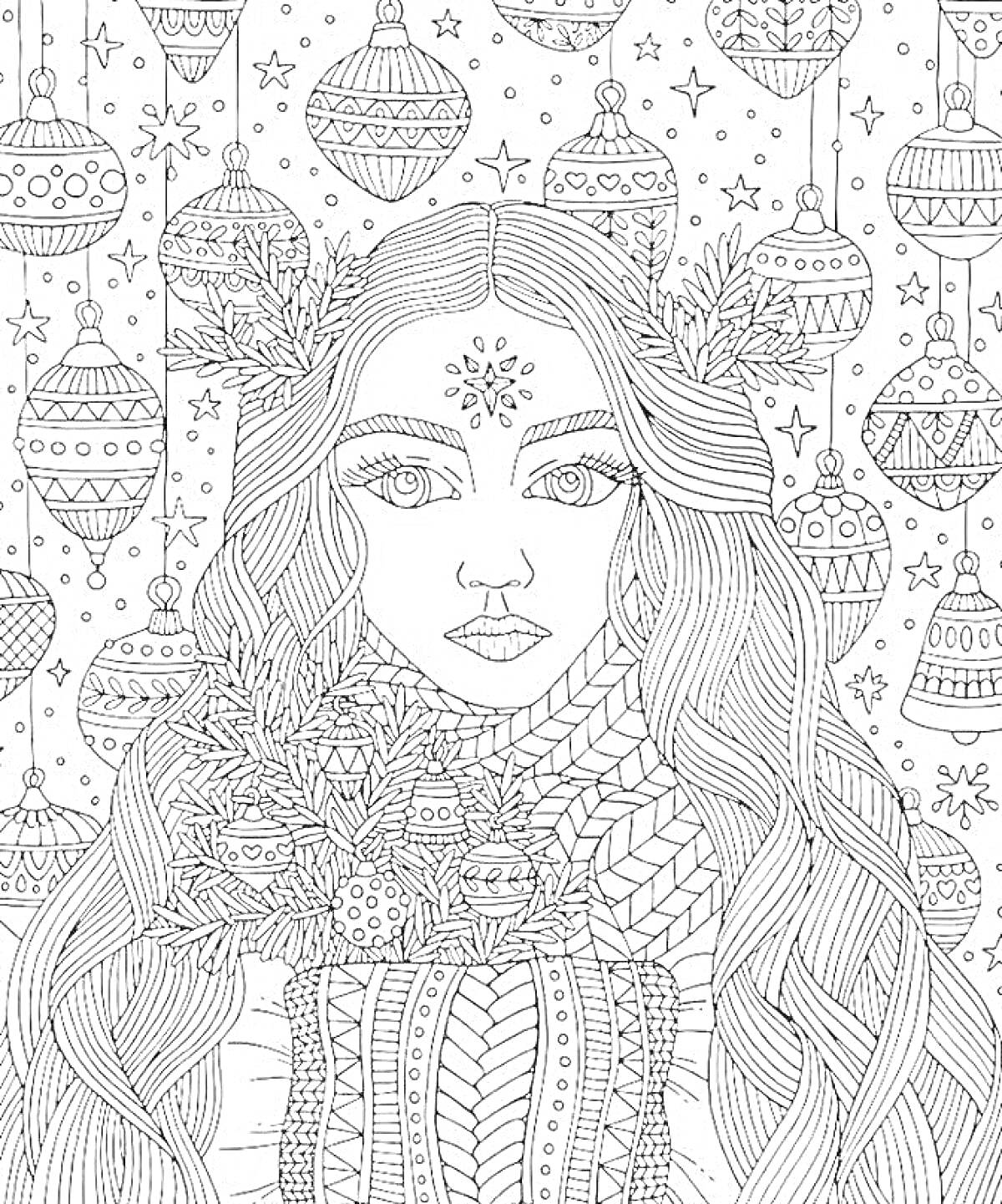 Раскраска Портрет девушки с длинными волосами, украшениями на голове и в руках, на фоне новогодних игрушек и звезд