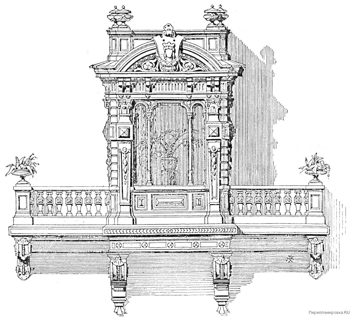 На раскраске изображено: Балкон, Перила, Растения, Барельеф, Ангел, Архитектура, Узоры, Классический стиль