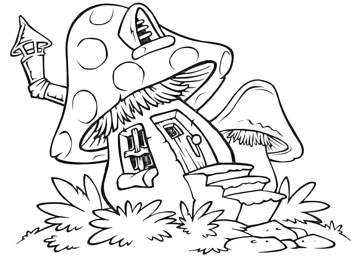 Раскраска Домик-гриб с окнами, дверью и деревьями