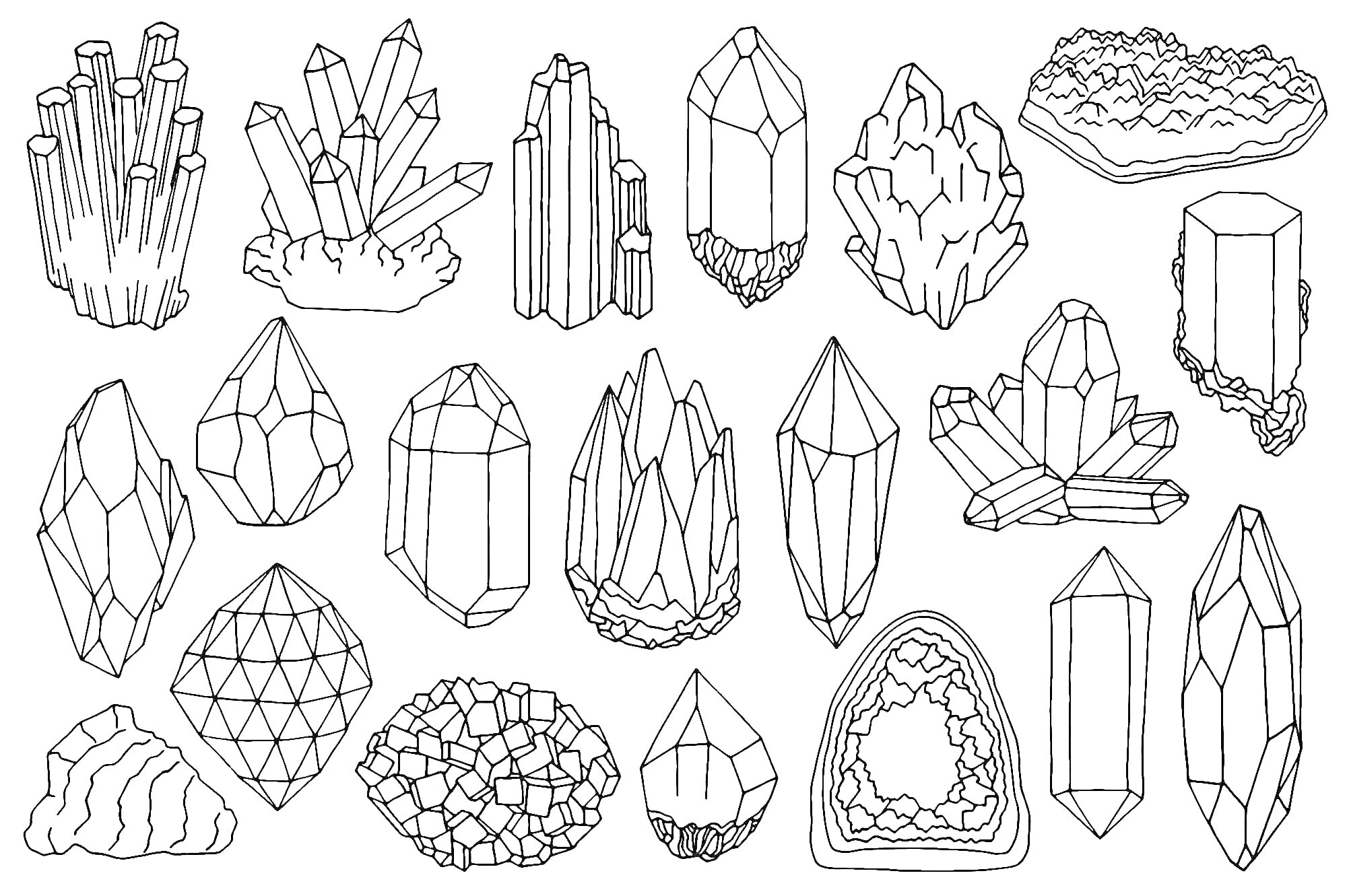 На раскраске изображено: Кристаллы, Геометрические формы, Камни, Минералы, Рисунки для раскрашивания, Образование
