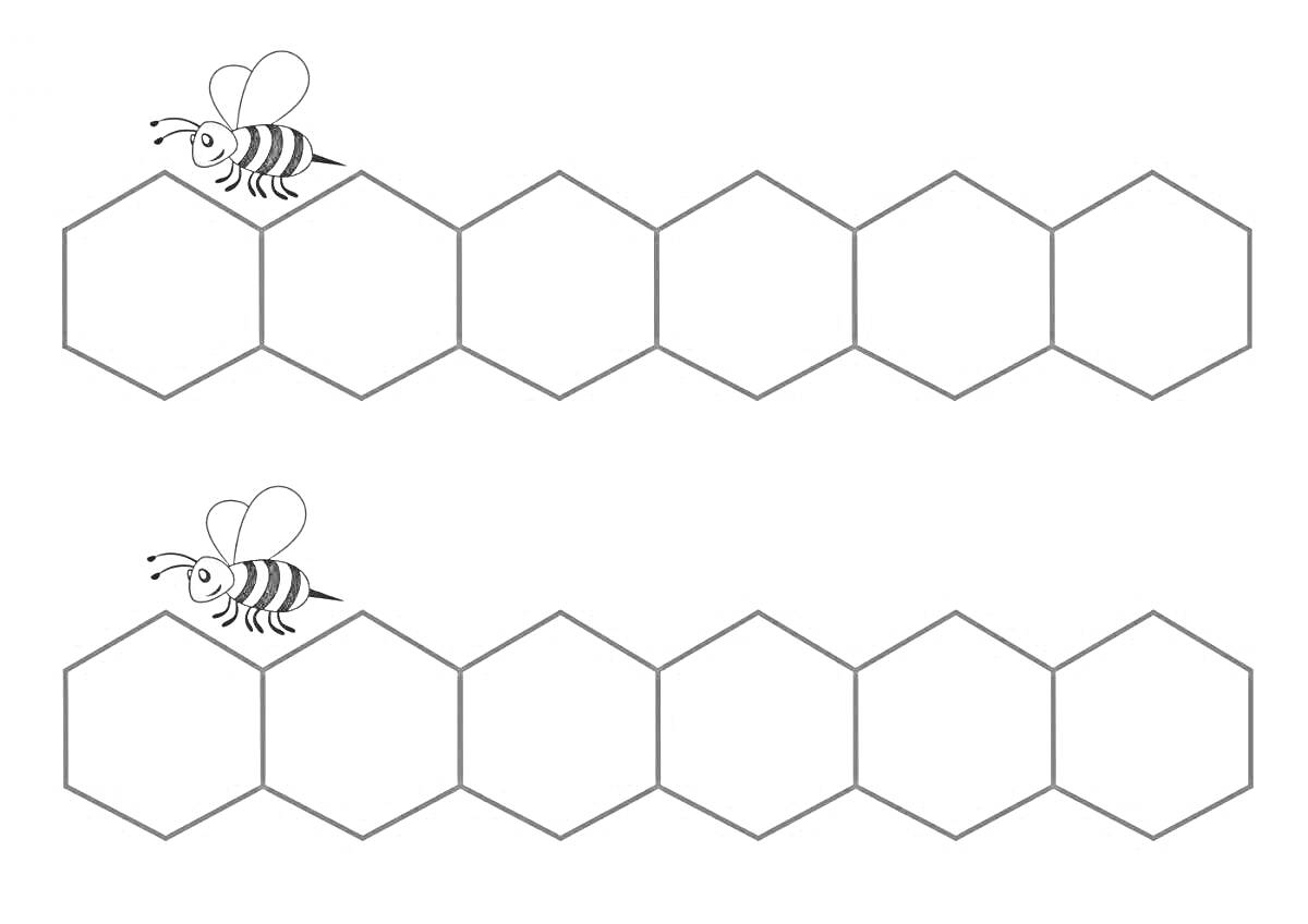 На раскраске изображено: Пчелы, Соты, Шестигранники, Геометрические фигуры