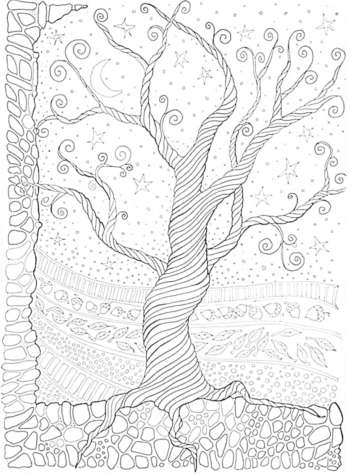 Раскраска Дерево с завитыми ветвями, звездами и месяцем на фоне, обрамленное узорами из камней, листьев и линий