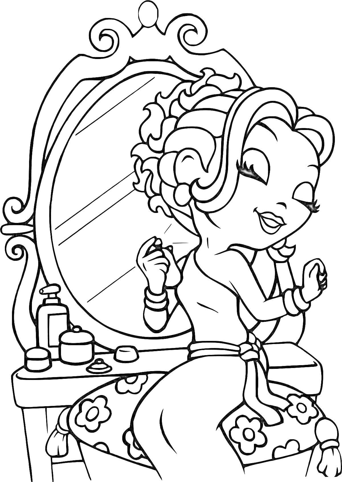 На раскраске изображено: Девочка, Зеркало, Косметика, Макияж, Кресло, Туалетный столик, Баночка, Бутылка, Ванна, Прически