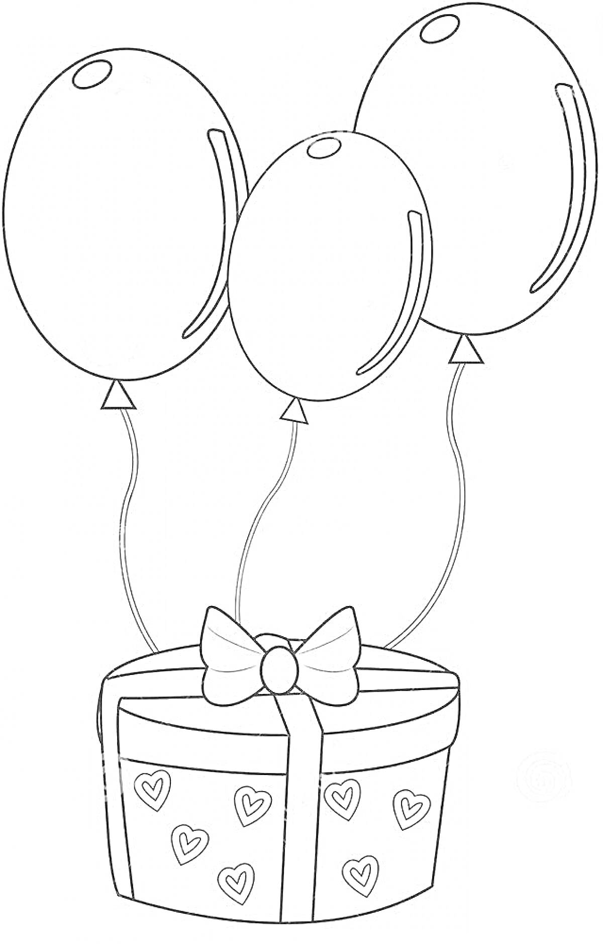 На раскраске изображено: Воздушные шары, День рождения, Бант, Сердца, Контурные рисунки