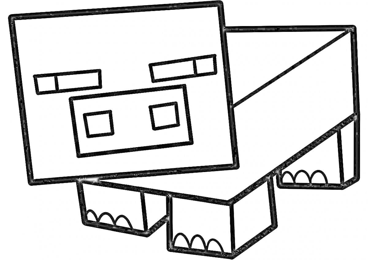 Раскраска Свинка из Майнкрафт в стильной позе с соответствующими деталями пиксельного дизайна, включая прямоугольные формы головы, ног и треугольные ушки