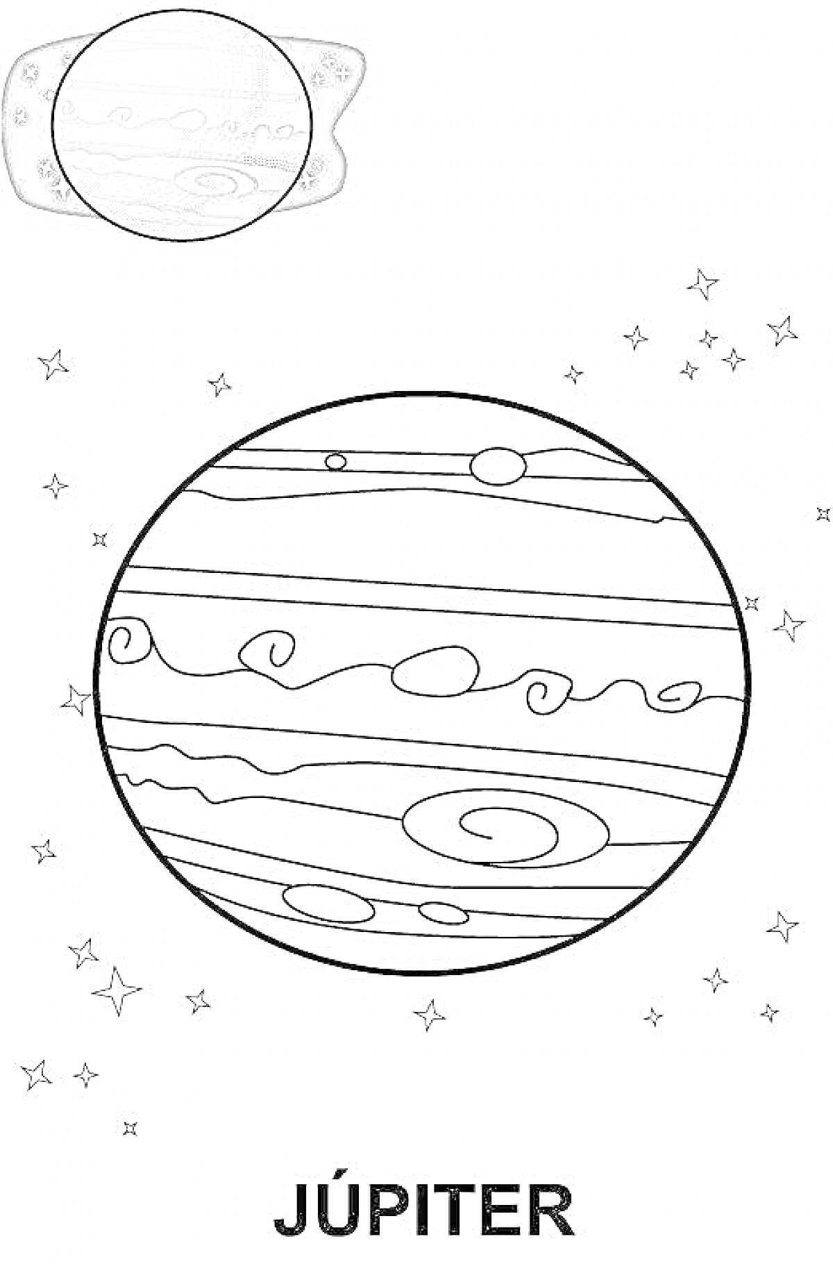 Раскраска Планета Юпитер с узорами, звездами и примером раскрашенной планеты в углу