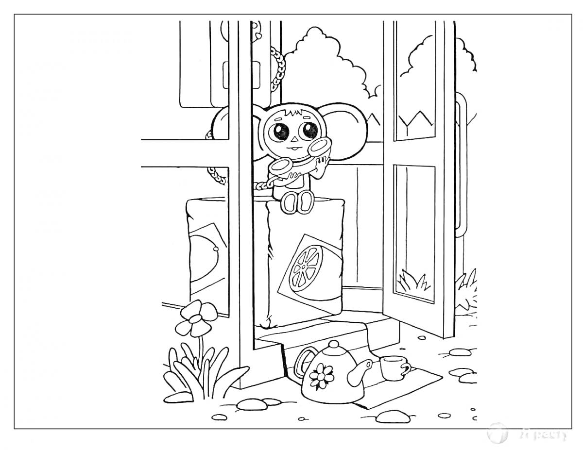 Раскраска Чебурашка у двери, цветы и коврик
