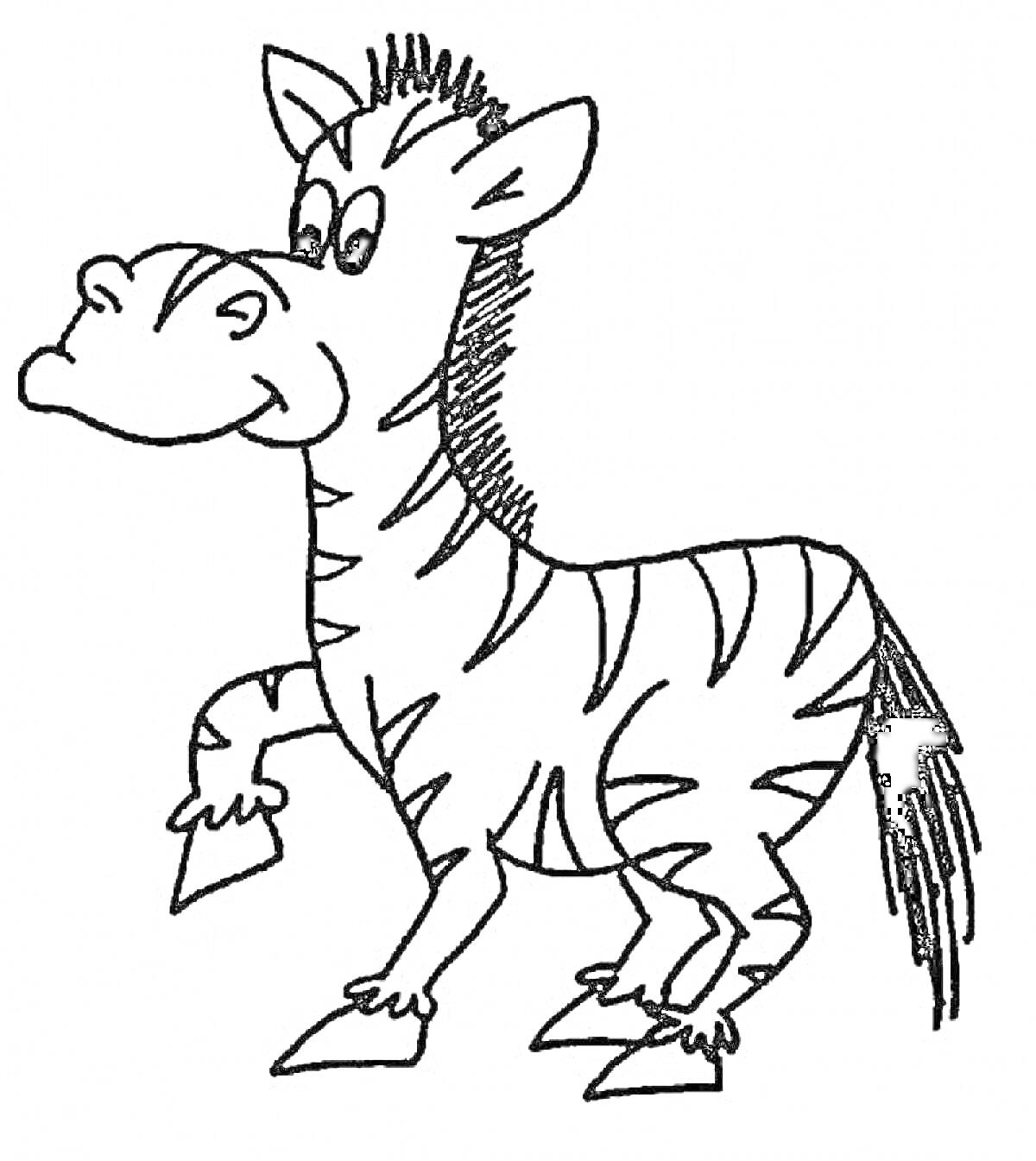 Зебра с поднятой передней ногой и полосатым хвостом