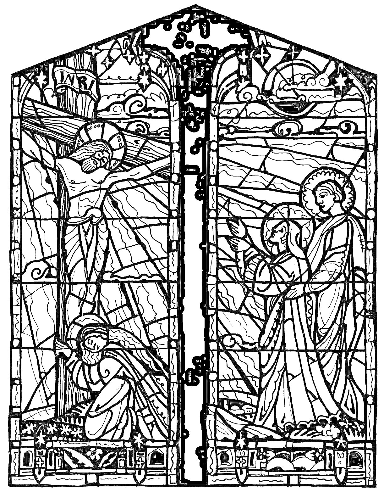 Раскраска Витражное окно с изображением распятия Христа и святых
