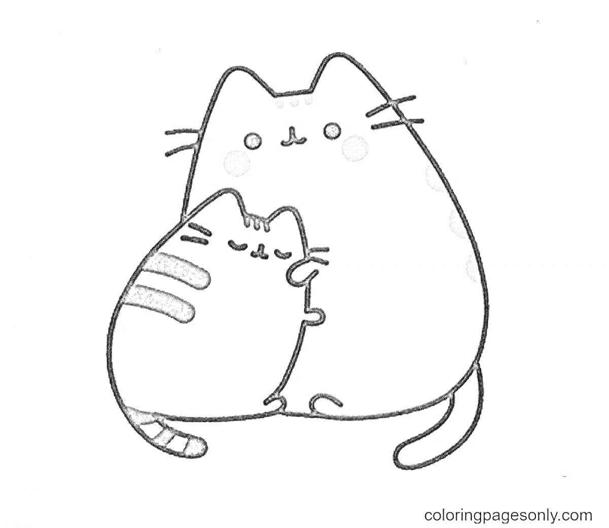 Раскраска Два кошачьих персонажа: один с полосками, другой с пятнами, обнимающиеся