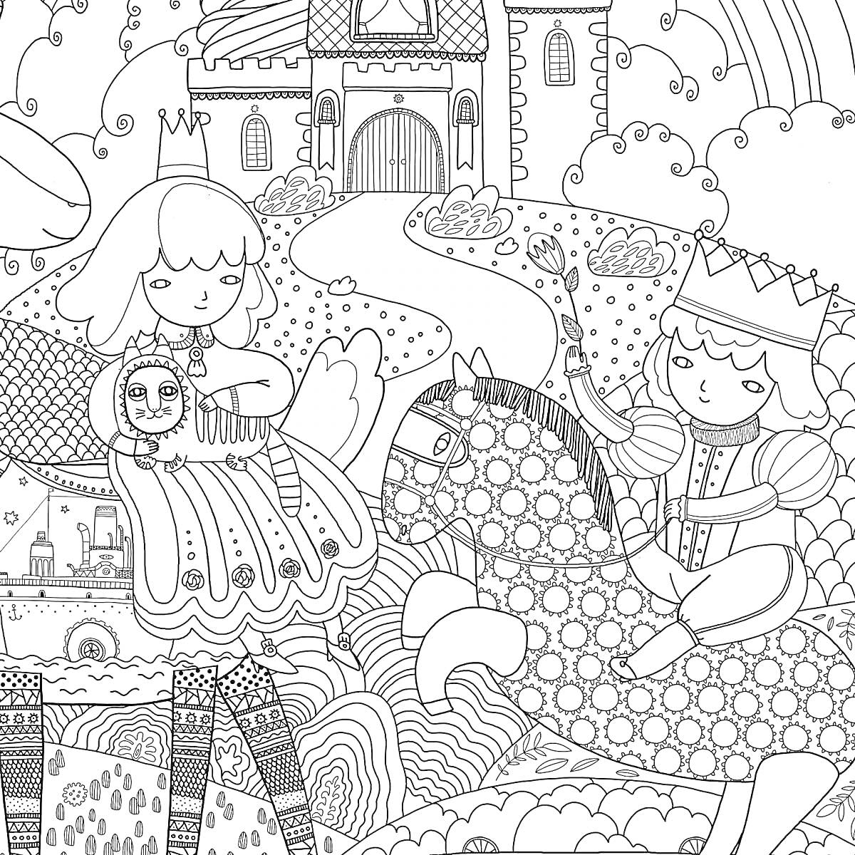 На раскраске изображено: Принц, Принцесса, Замок, Радуга, Лошадь, Природа, Дорожка, Деревья, Облака, Кусты, Корона