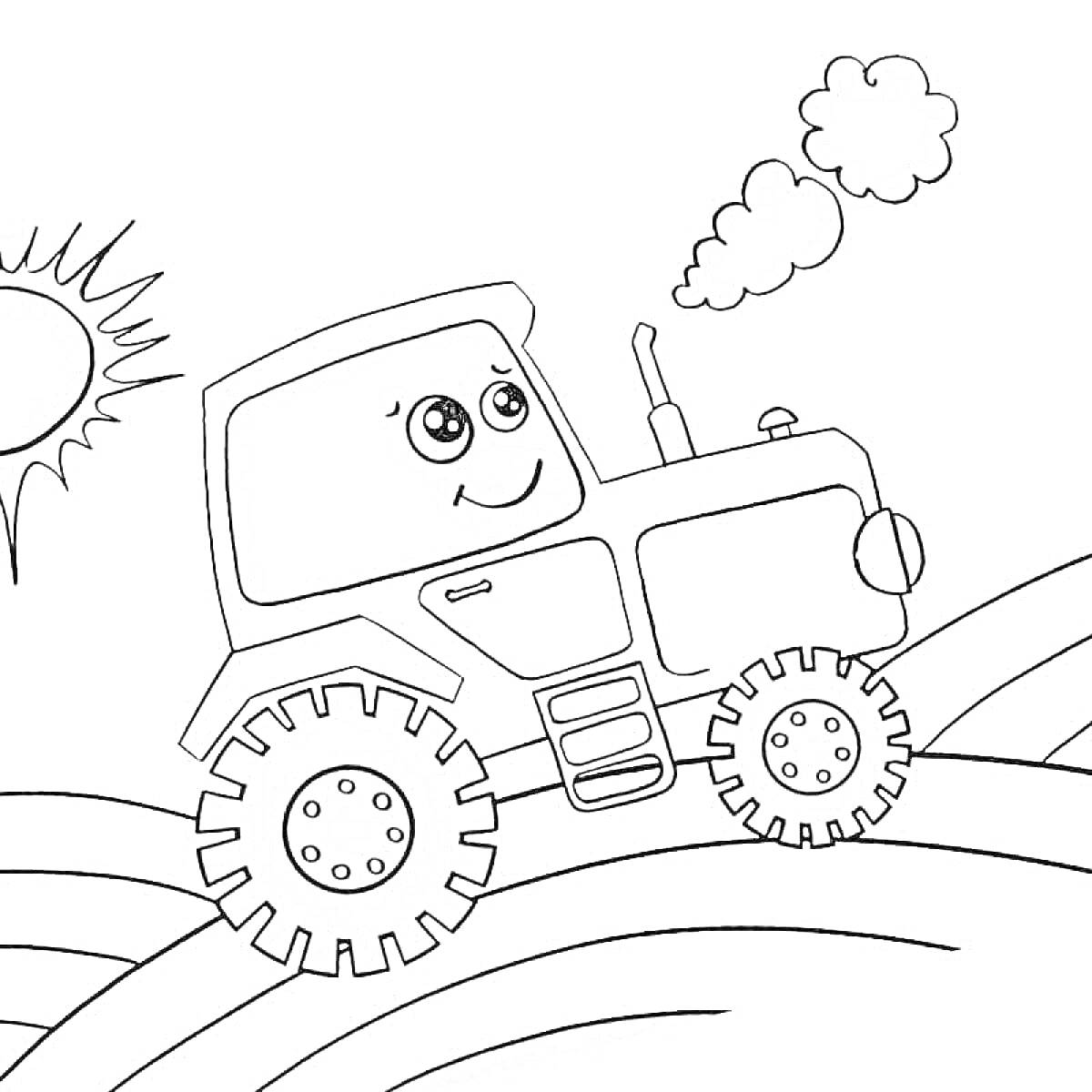 Раскраска Синий трактор с улыбающимся лицом едет по холмам, солнце и облака на заднем плане