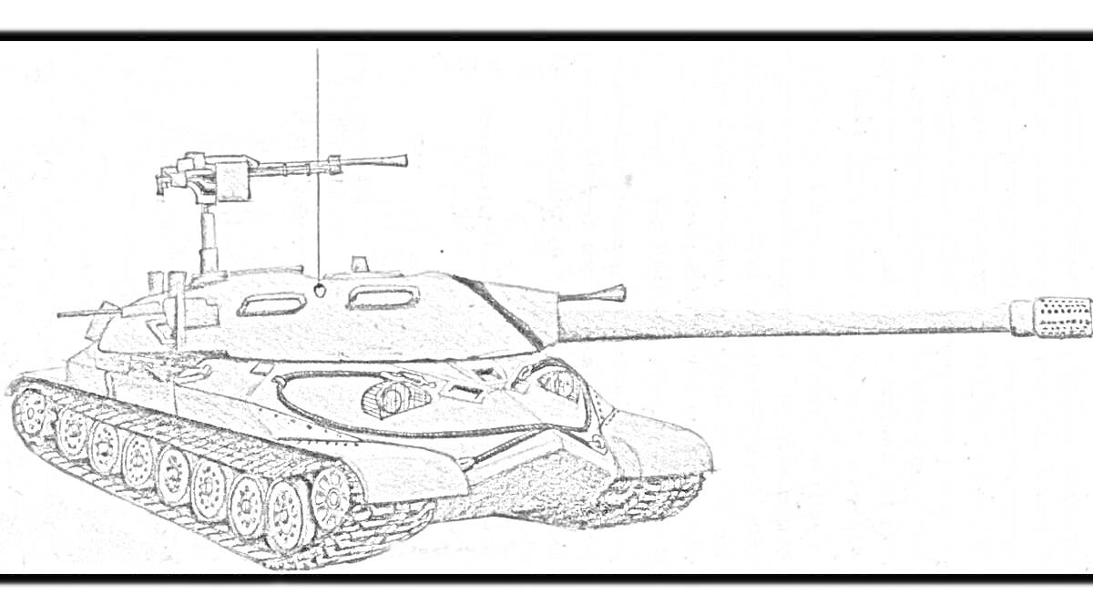 Раскраска Тяжелый танк ИС-7 с длинным стволом, пулеметом на крыше и антеннами