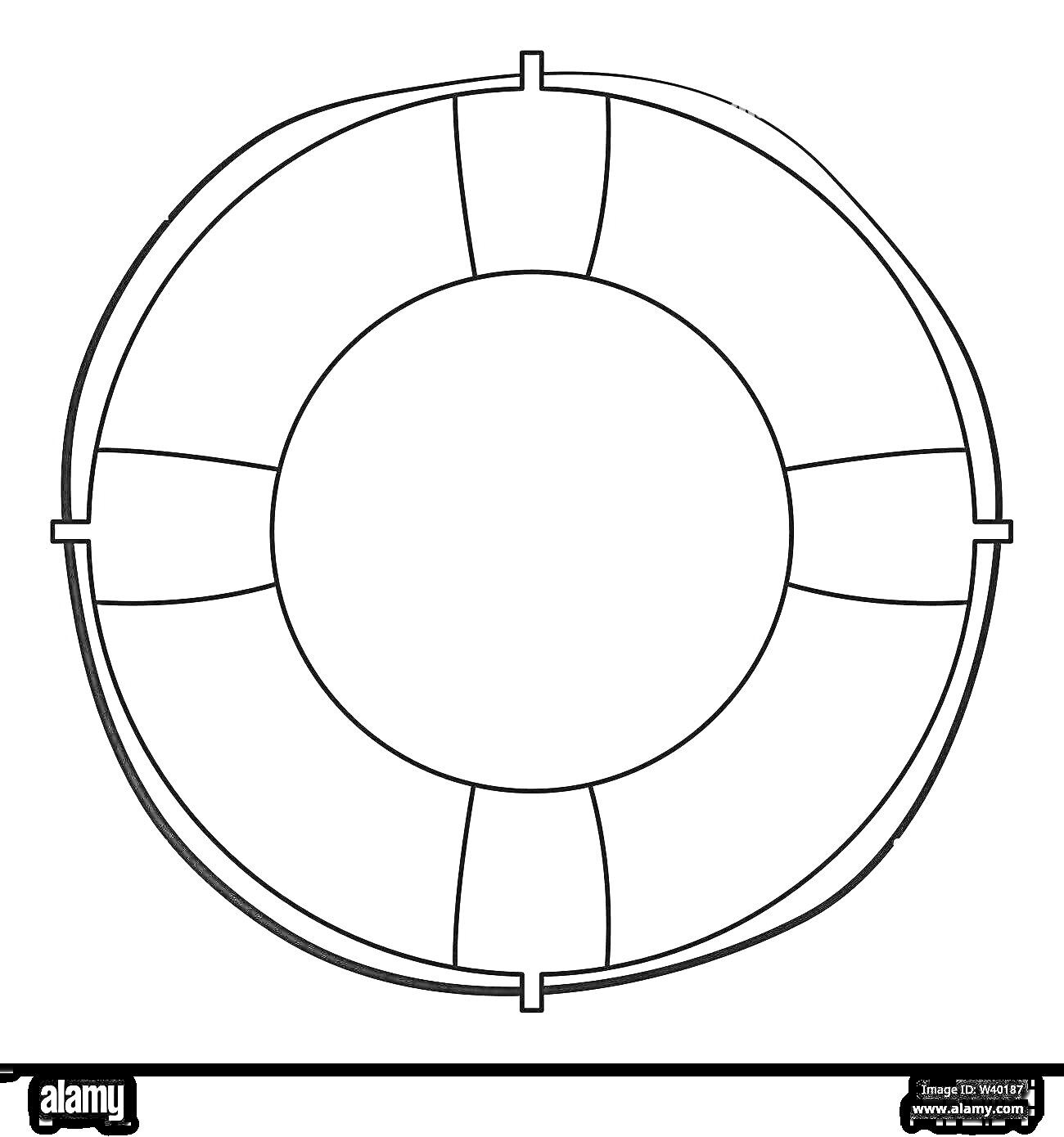 Раскраска Чёрно-белая раскраска спасательного круга с четырьмя сегментами и канатом