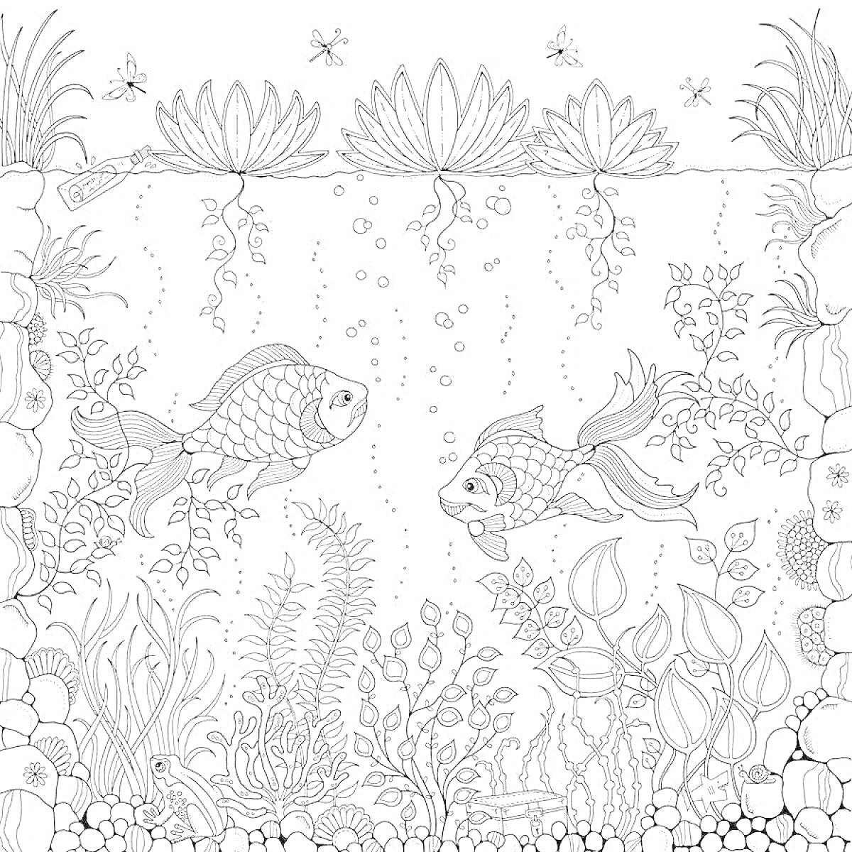 На раскраске изображено: Подводный мир, Растения, Камни, Цветы, Пузыри, Водоросли, Лилии, Релакс, Медитация, Рыба
