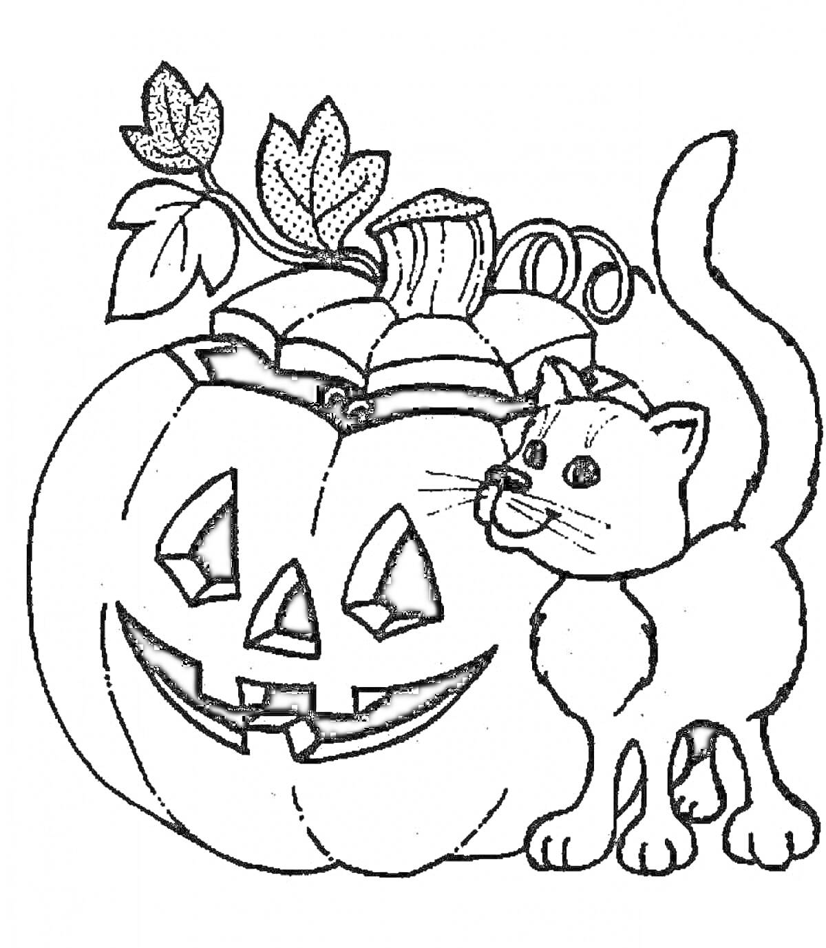Раскраска Тыква-фонарь с кошкой и листьями