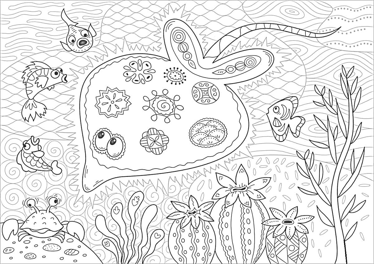 На раскраске изображено: Скат, Подводный мир, Водоросли, Подводные растения, Морское дно, Морские животные
