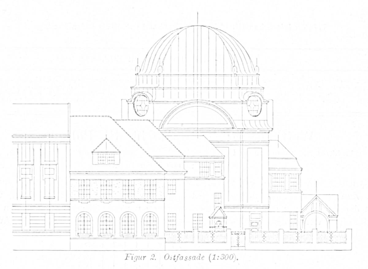 Чертеж синагоги с круглым куполом, прямоугольными окнами и боковыми пристройками