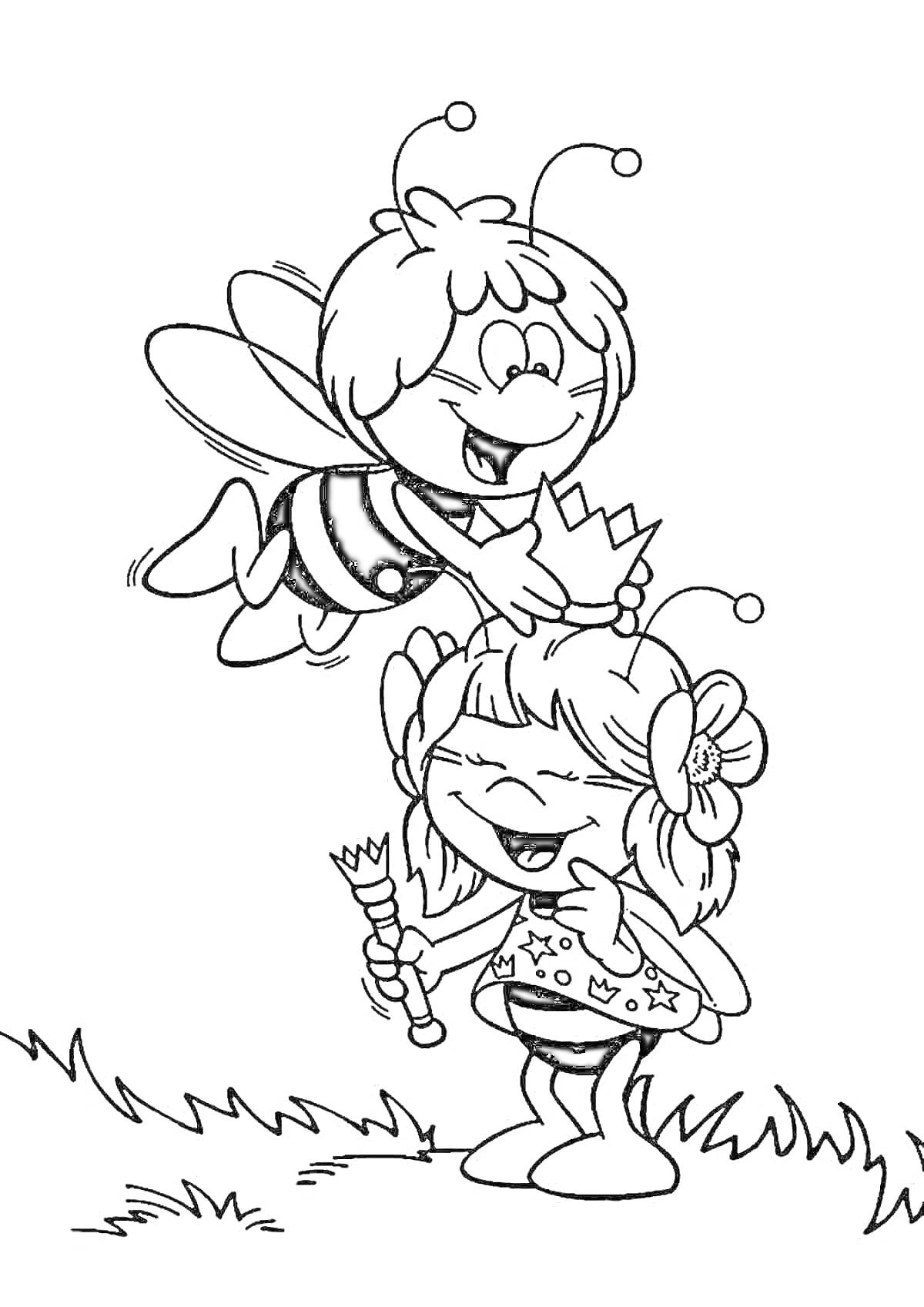 Раскраска Пчелка Майя коронует другую пчелку, стоящую на траве с цветком в волосах