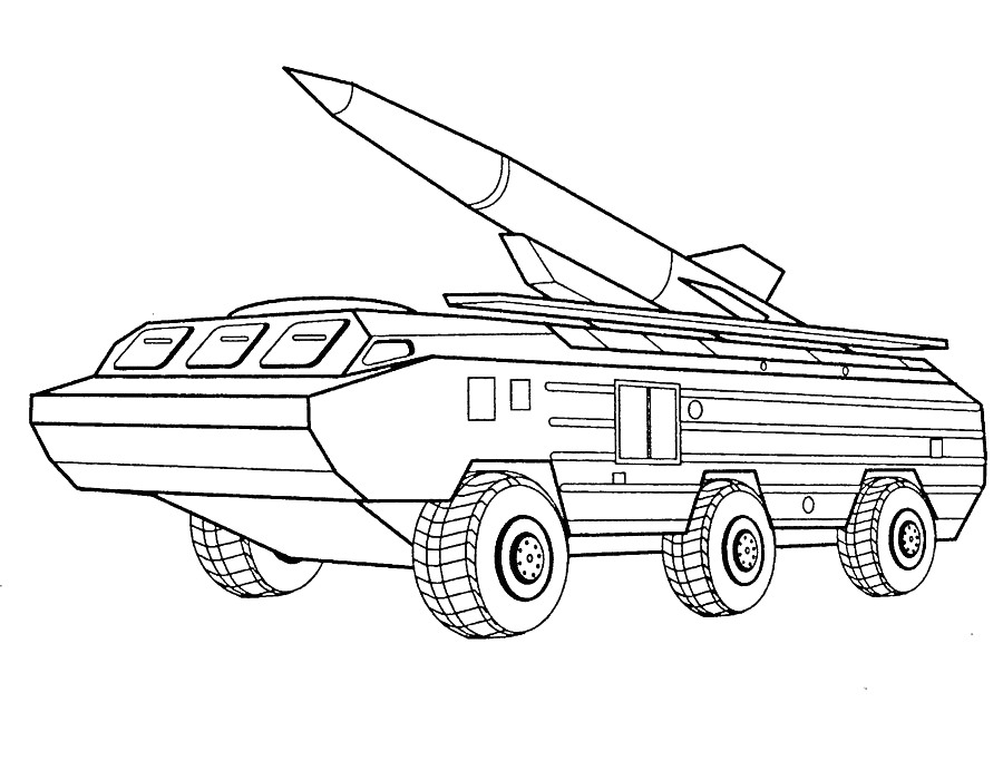 Раскраска Военная техника с ракетной установкой на шасси с шестью колесами