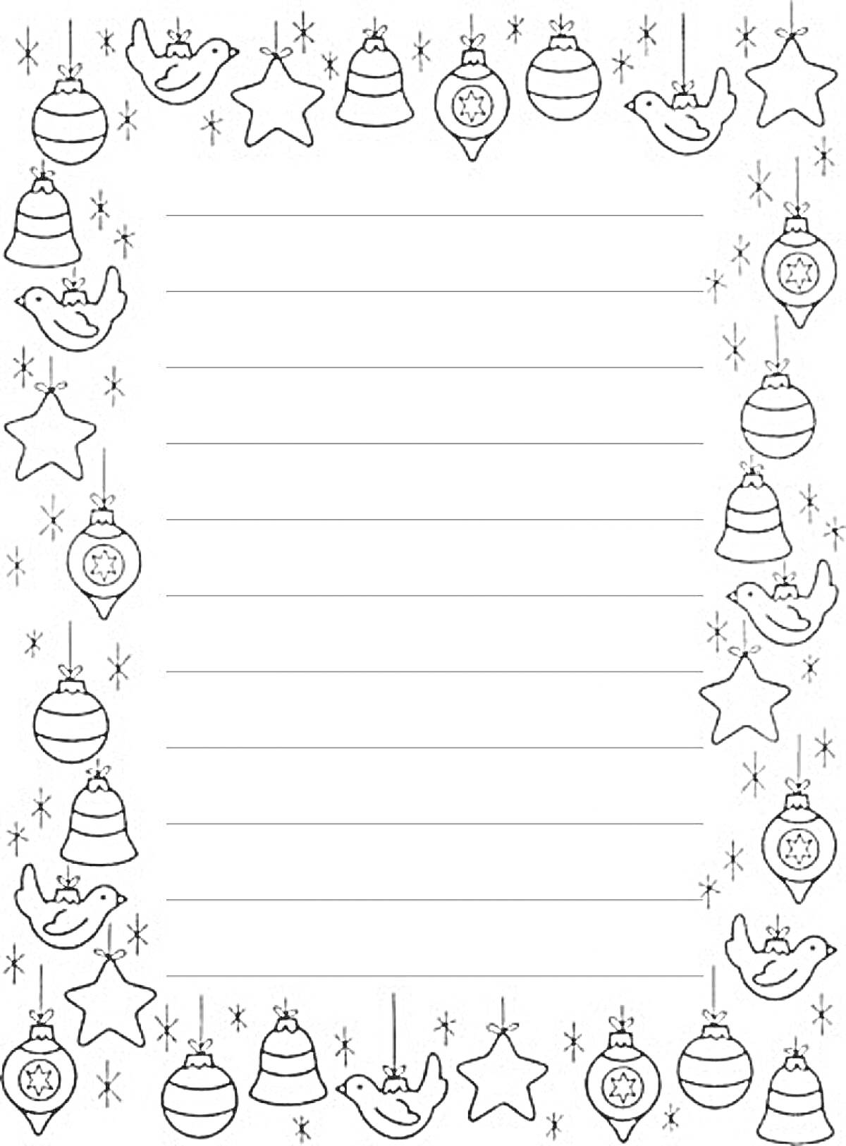 Раскраска Новогодняя рамка с украшениями, звездами, шарами, колокольчиками и птичками