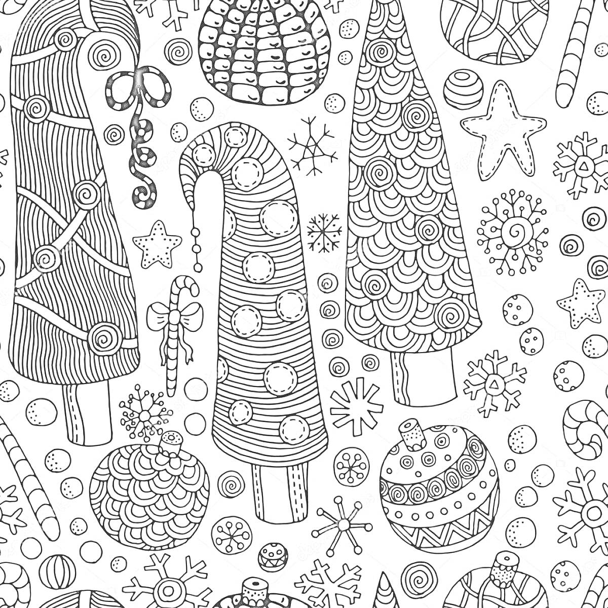 Раскраска Елки, шапки Санты, снежинки, конфеты, звезды, снежные шары