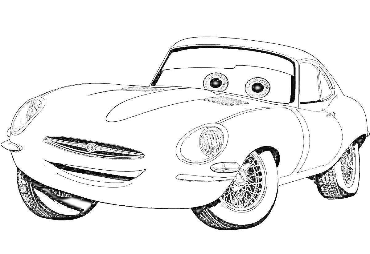 Раскраска Финн Макмисл из мультфильма «Тачки», автомобиль с глазами, вид спереди