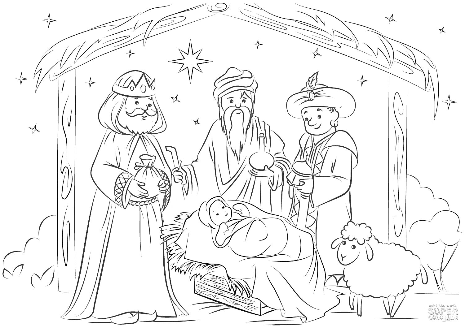 На раскраске изображено: Рождество, Волхвы, Младенец Иисус, Ясли, Вертеп, Ясла, Ночь, Религия, Поклонение
