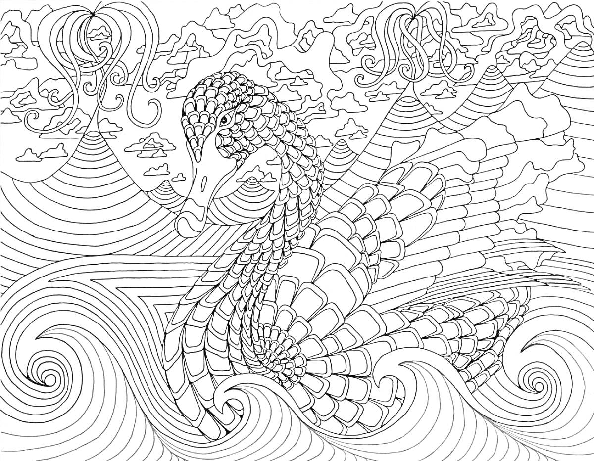 Раскраска Лебедь на волнистых водах с горным фоном и завитками в небе