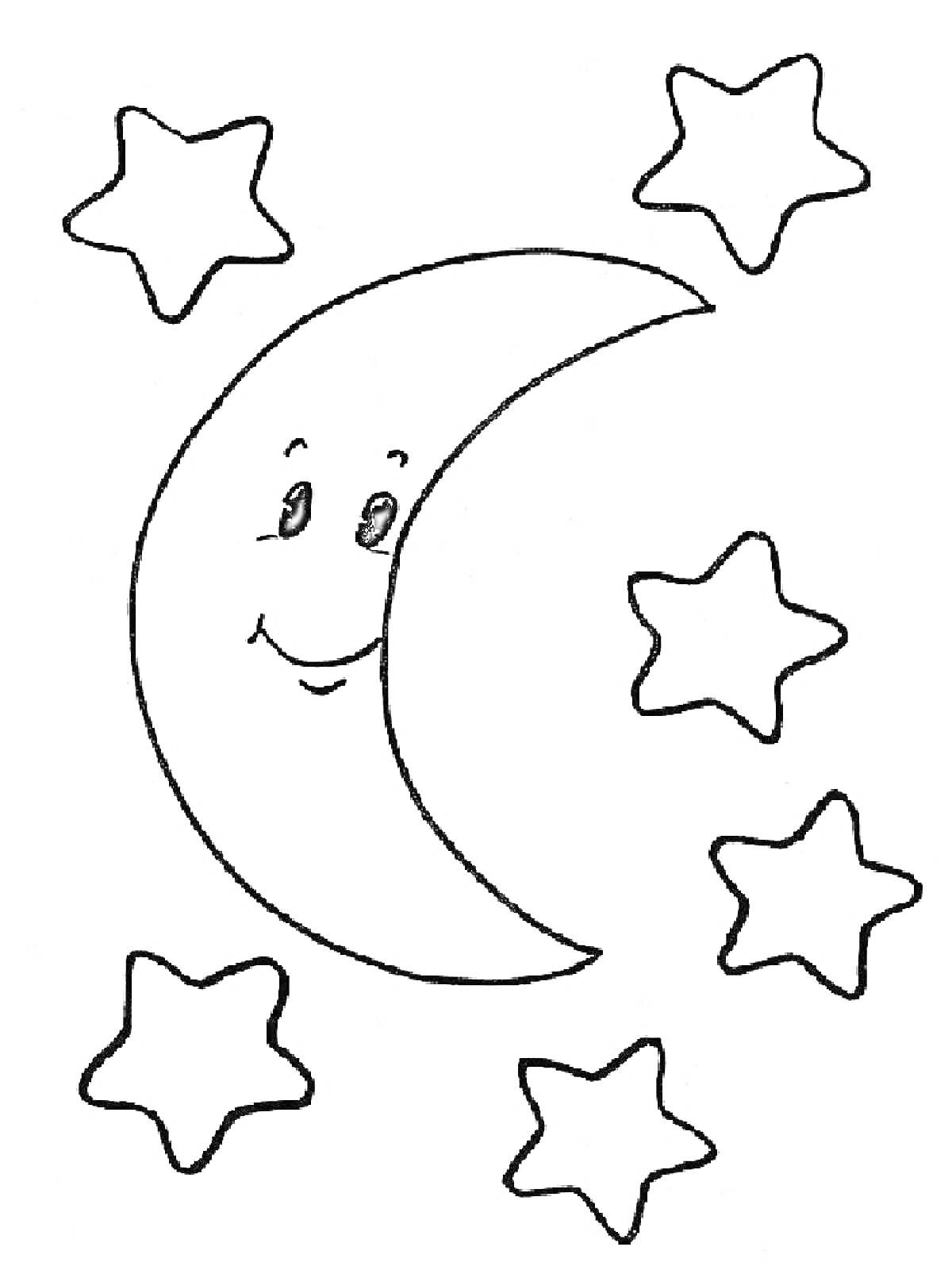 На раскраске изображено: Месяц, Звезды, Ночь, Небо, Улыбка, Для детей