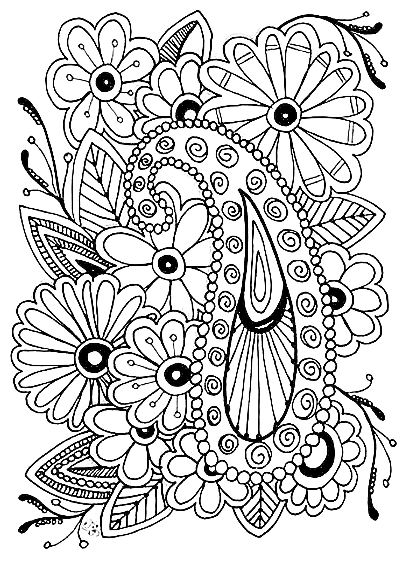 Раскраска Цветочный узор с множеством цветков и узоров, включая элементы капли и спиралей