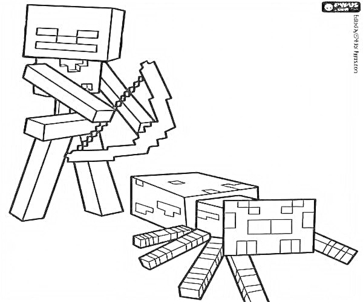 Раскраска Скелет-лучник и паук из Майнкрафта