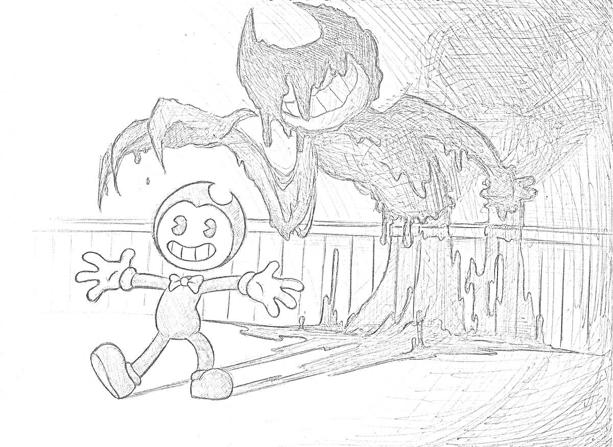 Раскраска мультяшный персонаж с улыбкой и рогами перед теневым существом с каплями, стоящим возле забора