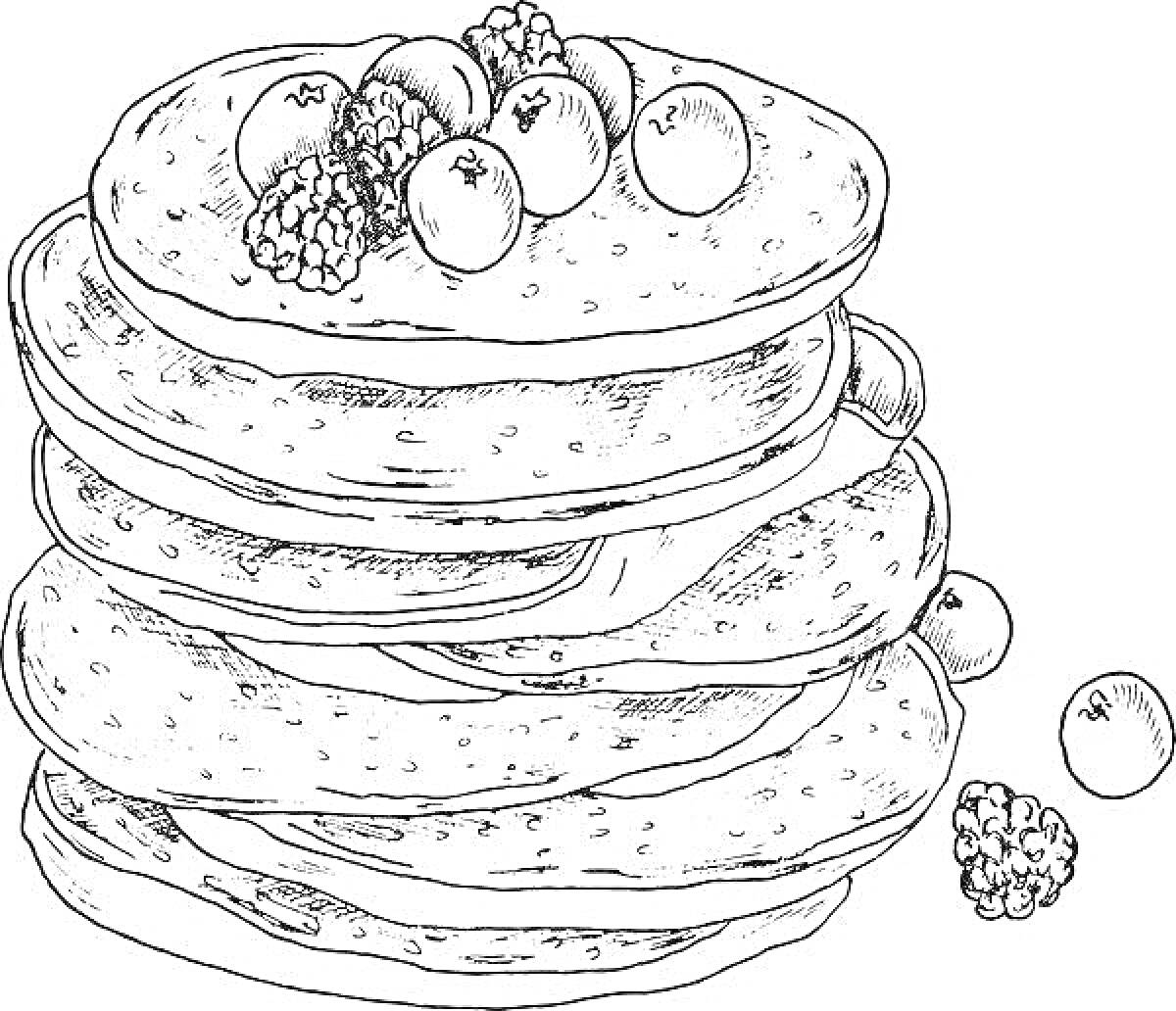 Стопка сырников с ягодами (малина и черника)